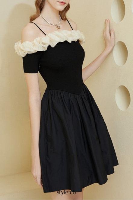 off-shoulder ruffle trim suspender mini dress in black