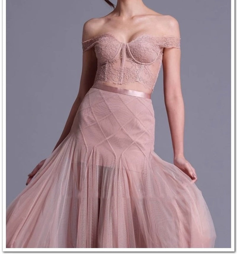 floral dentelle off-shoulder bustier corset net skirt set in pink