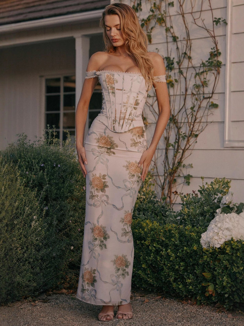 phoenix white Floral Print Fitted Corset Maxi Dress