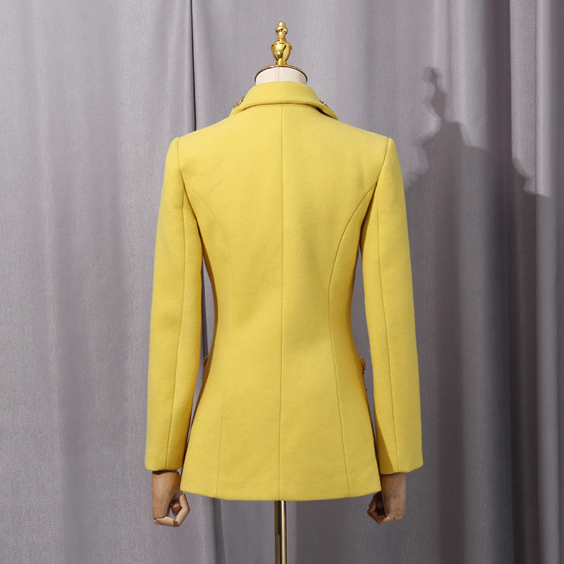 anila Studded Wool Fitted Single-Breasted Blazer in yellow