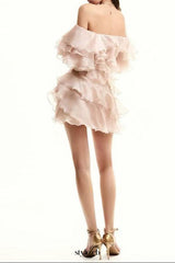 delia ruffle embellished  mini dress in beige