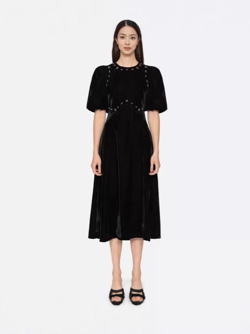 crystal embellished puff midi dress in black