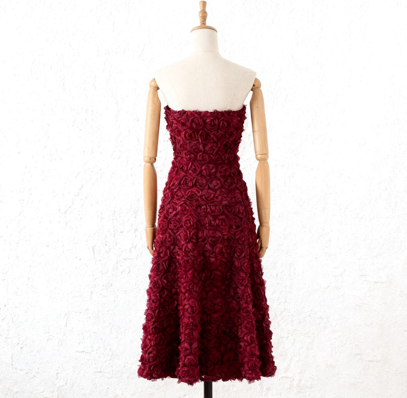 mona 3D Rose Petal Strapless Mesh Maxi Dress in wine red