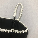 pearl embellished strap mini dress in black