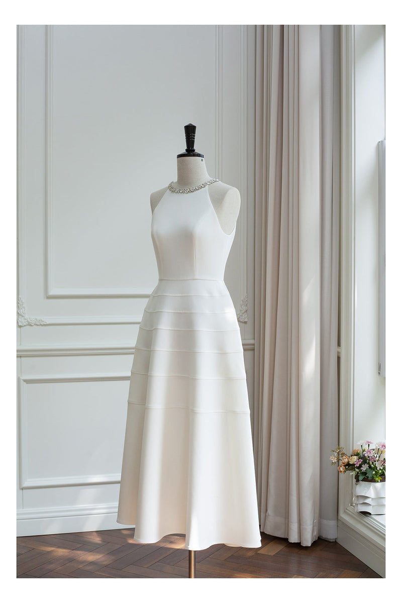 Sleeveless halter neck with diamond midi dress in white