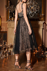 dora 3d flower Square Neck Lace Midi Dress in black