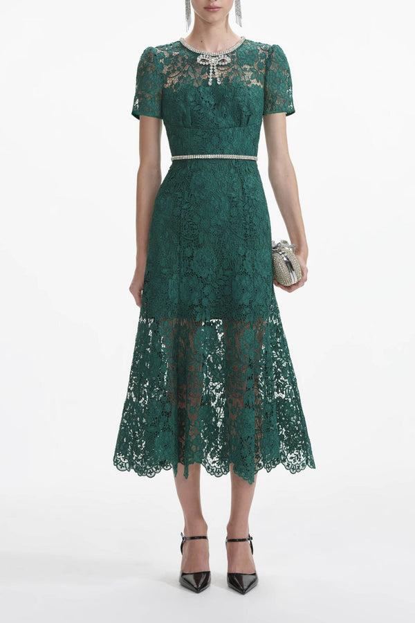 Green Lace Diamante Bow Midi Dress