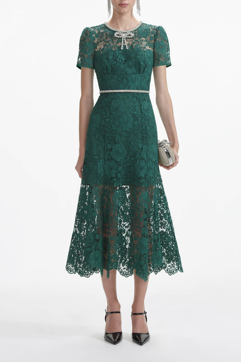 Green Lace Diamante Bow Midi Dress