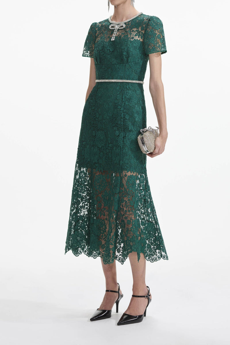Green Lace Diamante Bow Midi Dress