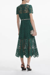 Green Lace Diamante Bow Midi Dress