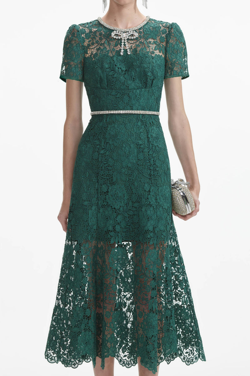 Green Lace Diamante Bow Midi Dress