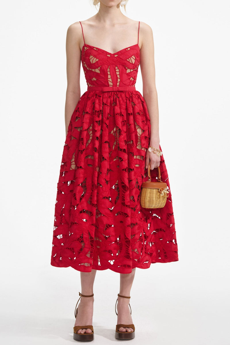 wendy Red Bow Embroidered Midi Dress
