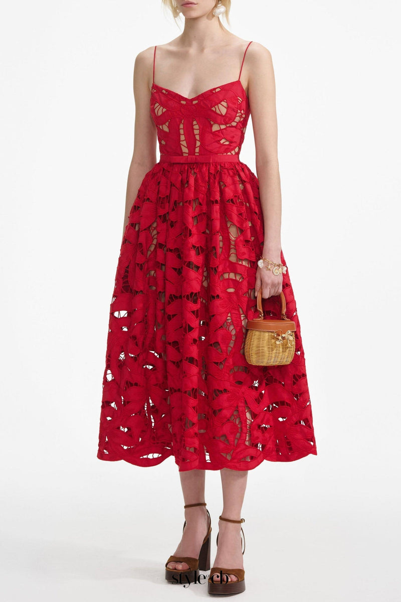 wendy Red Bow Embroidered Midi Dress