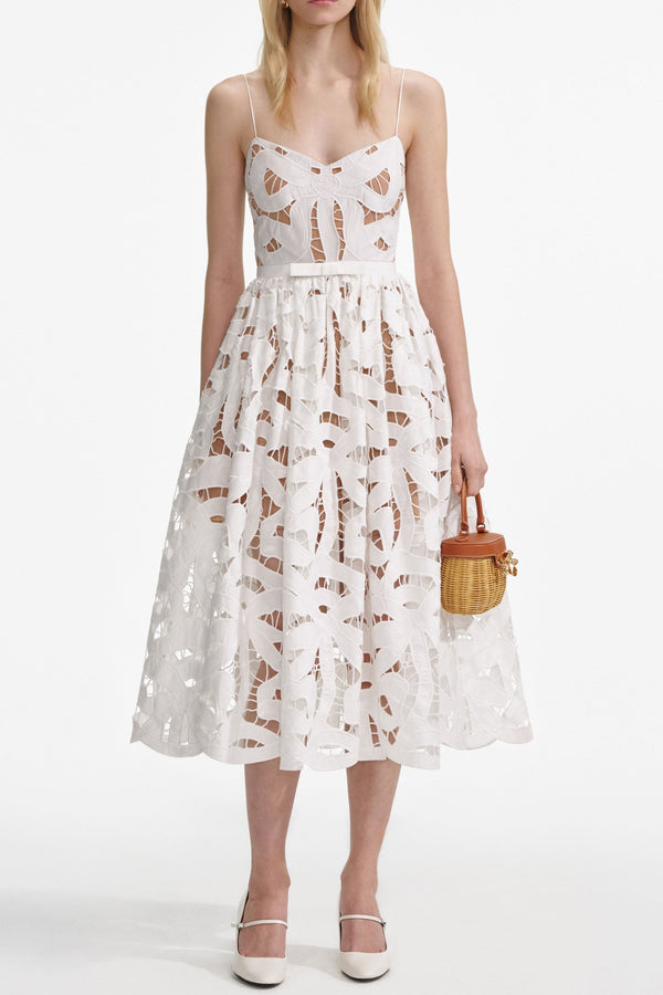 xanthe White Bow Embroidered Midi Dress