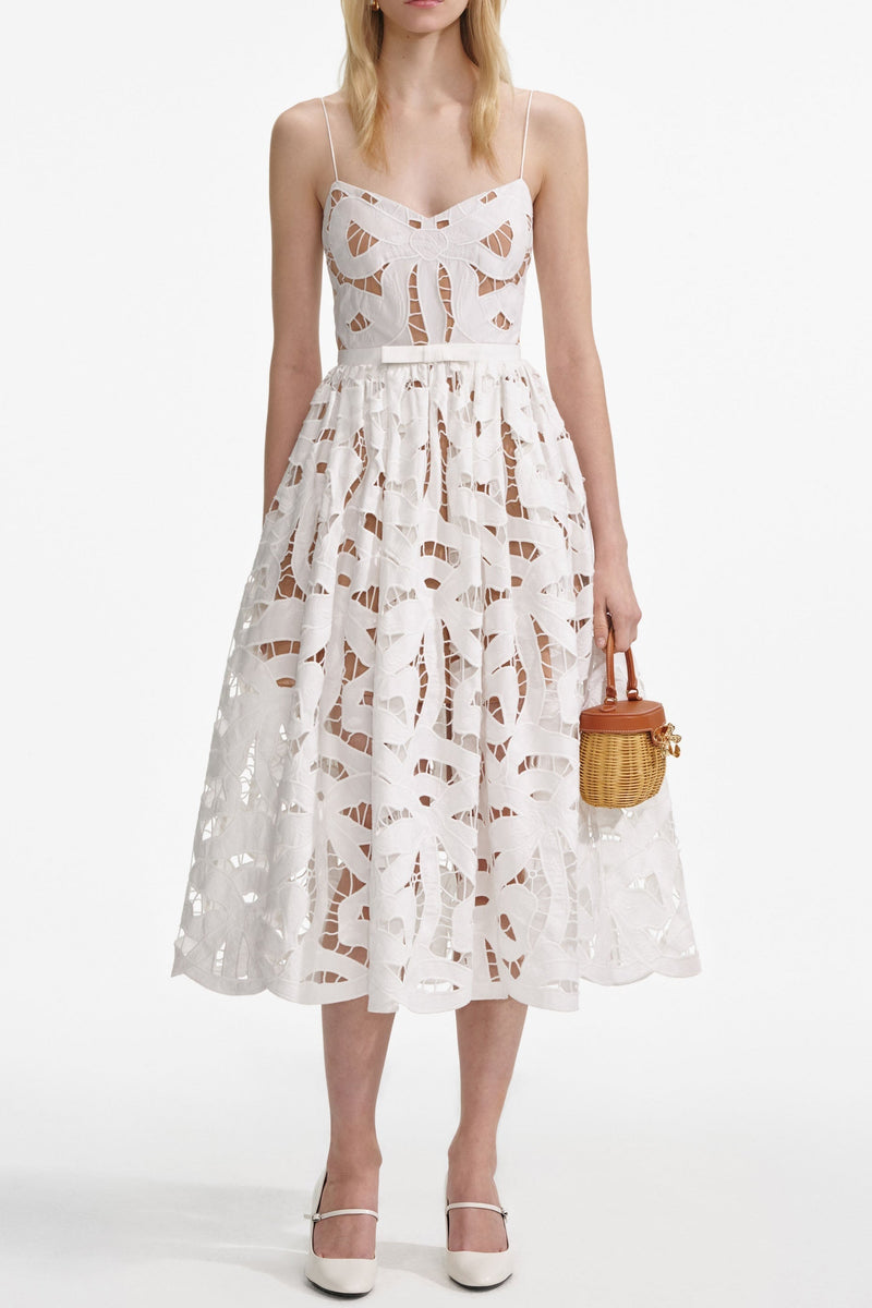 xanthe White Bow Embroidered Midi Dress