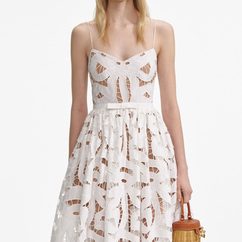 xanthe White Bow Embroidered Midi Dress