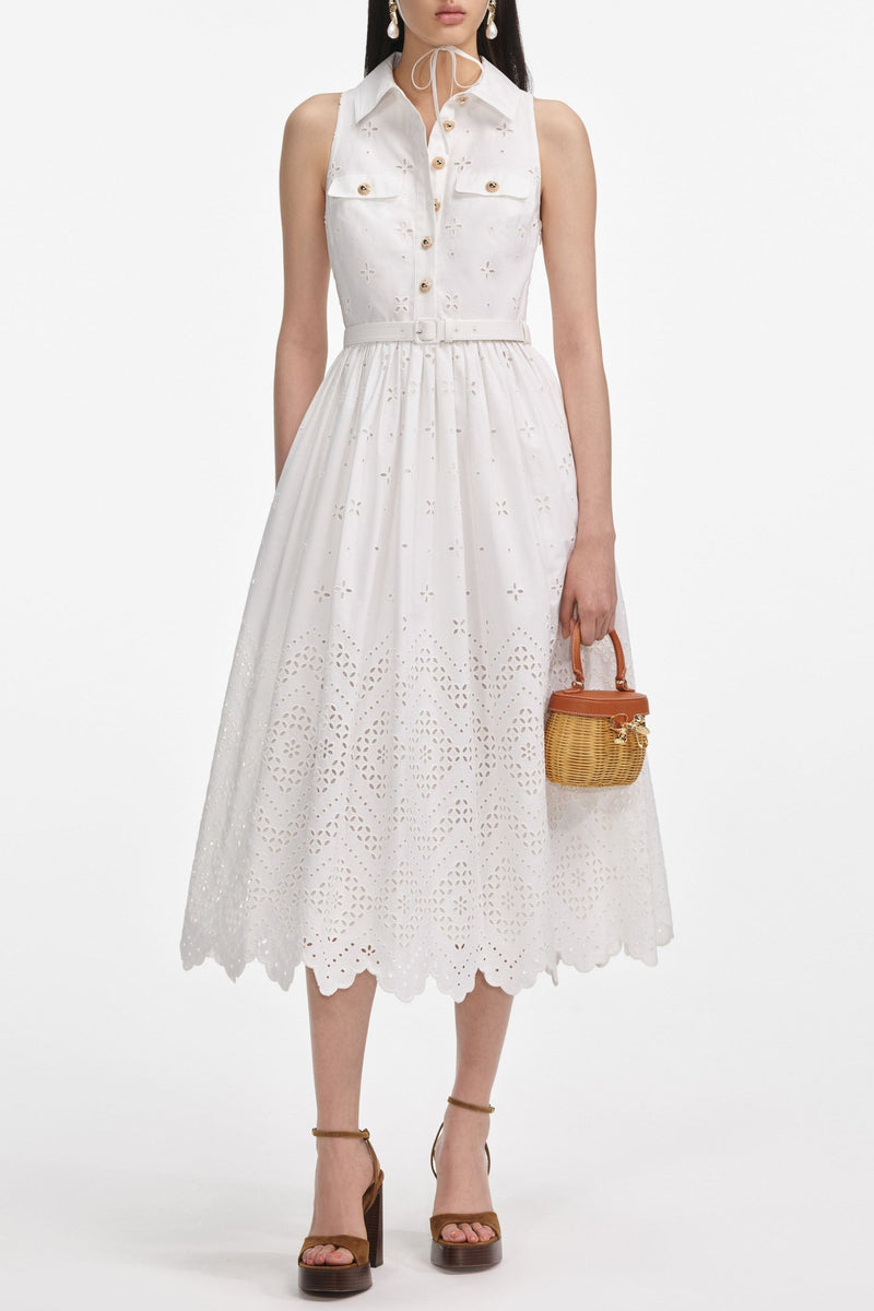 elsie White Cotton Broderie Collared Midi Dress