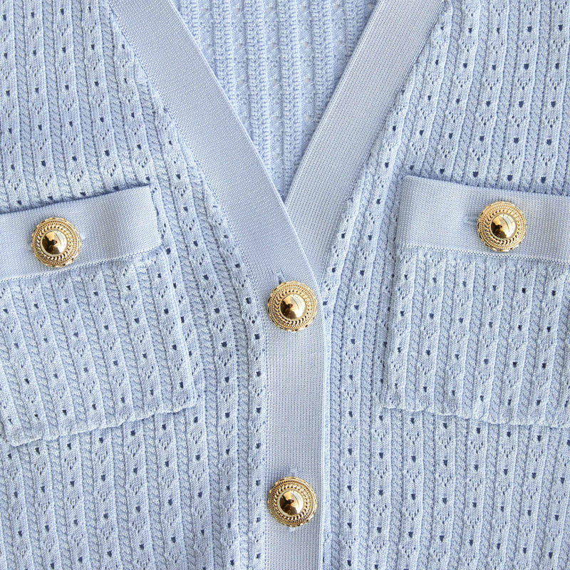 lillian Blue Pointelle Peplum Knit Midi Dress