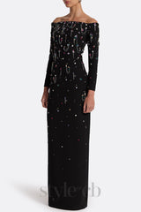 Pamaria Diamante Embroidery Off Shoulder Maxi Dress