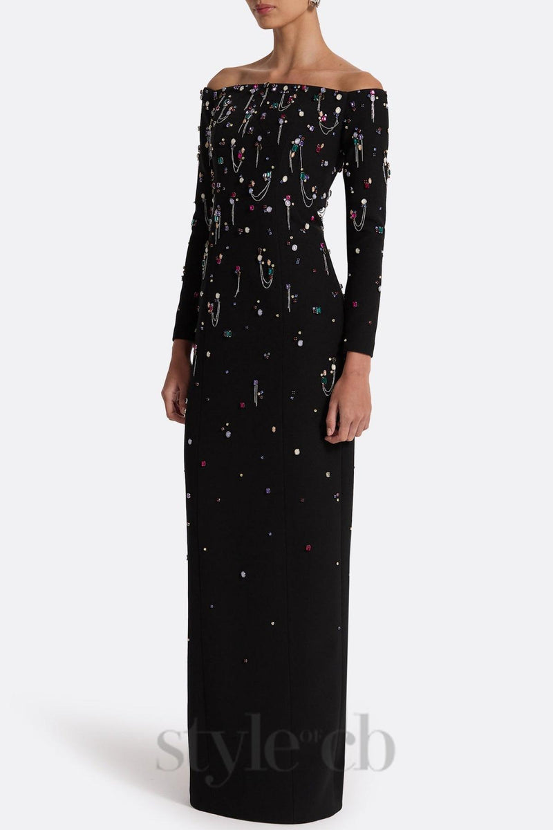 Pamaria Diamante Embroidery Off Shoulder Maxi Dress