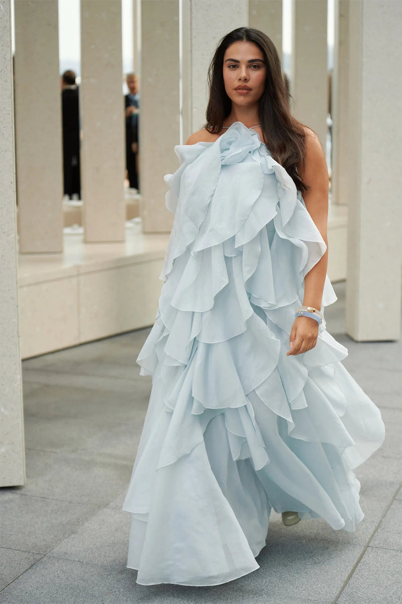 off-shoulder ruffle Layered Maxi Dress in blue