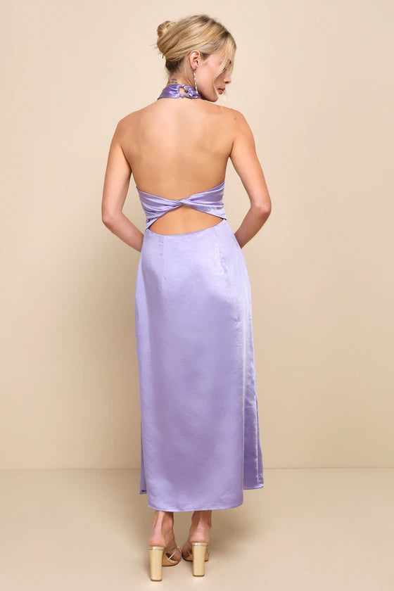 Perfectly Sleek Lavender Satin Halter Slip Midi Dress
