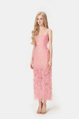 PINK BEADED LACE PENCIL MIDI DRESS