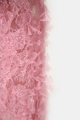 PINK BEADED LACE PENCIL MIDI DRESS