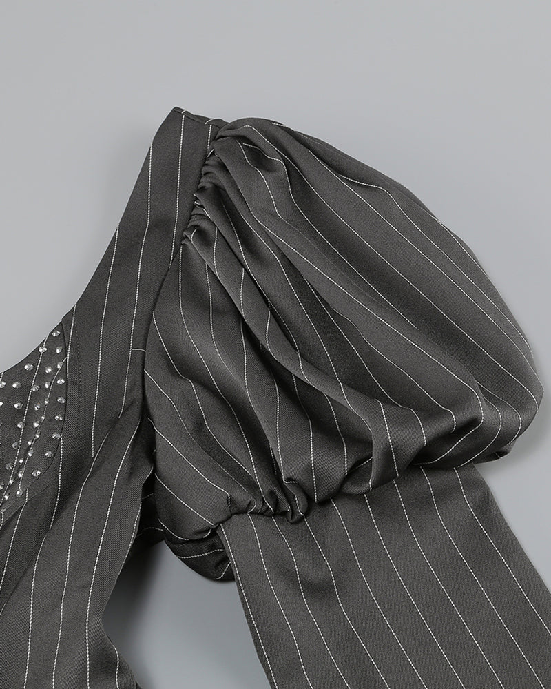 PUFF LONG SLEEVE CRYSTAL CORSET A LINE DRESS IN BLACK