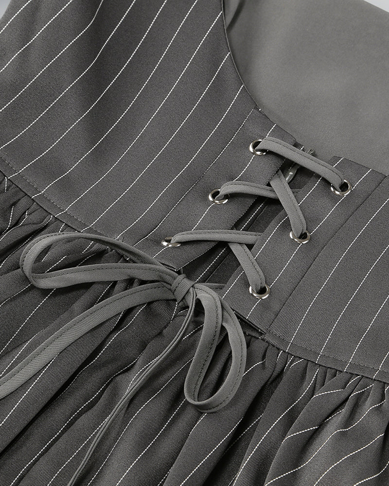 PUFF LONG SLEEVE CRYSTAL CORSET A LINE DRESS IN BLACK