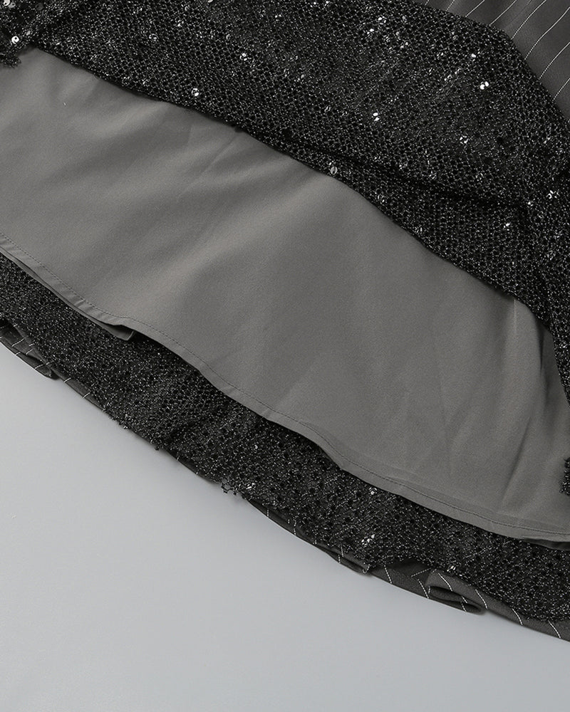 PUFF LONG SLEEVE CRYSTAL CORSET A LINE DRESS IN BLACK