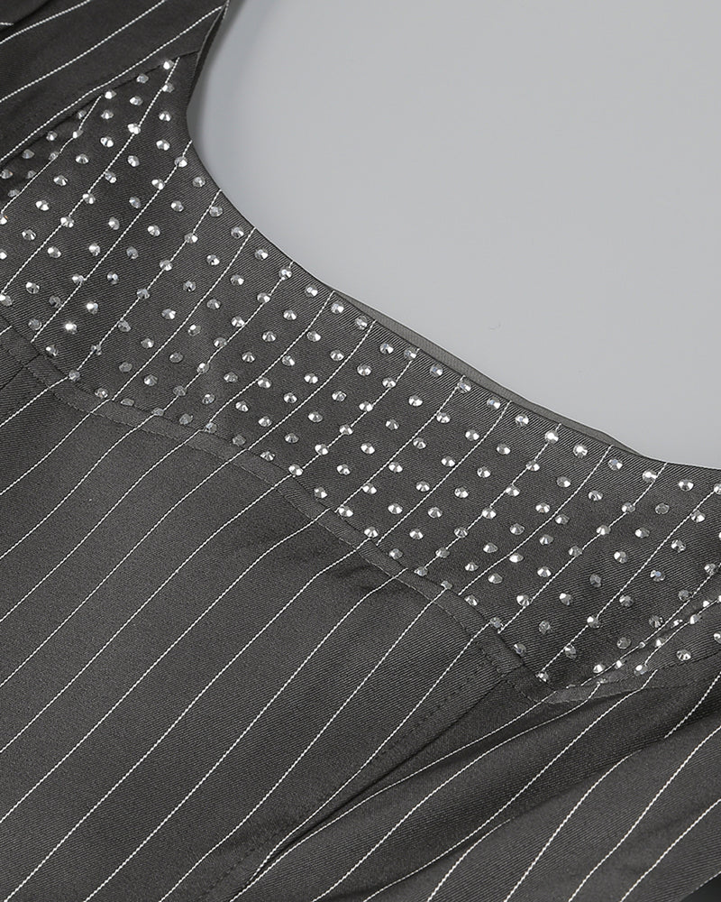 PUFF LONG SLEEVE CRYSTAL CORSET A LINE DRESS IN BLACK