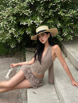 halter herringbone v-neck top in Khaki