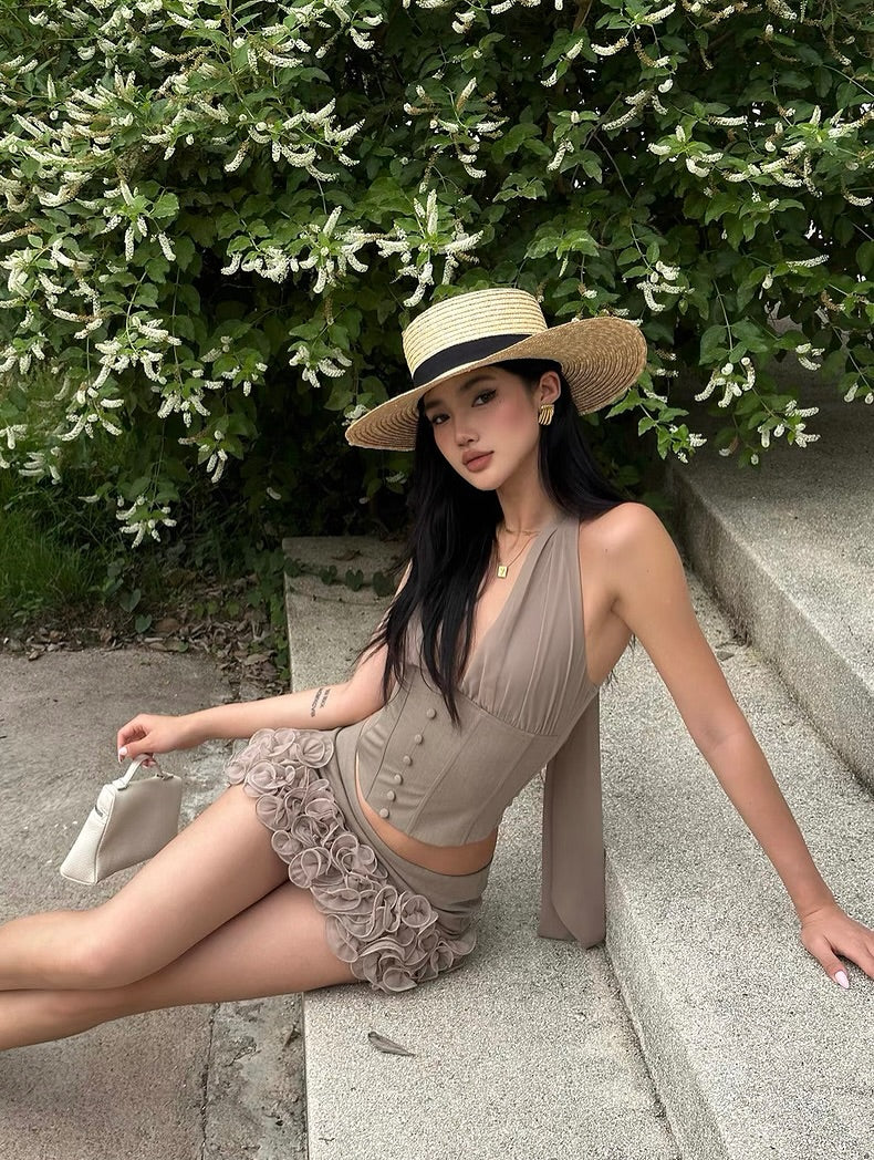 halter herringbone v-neck top in Khaki