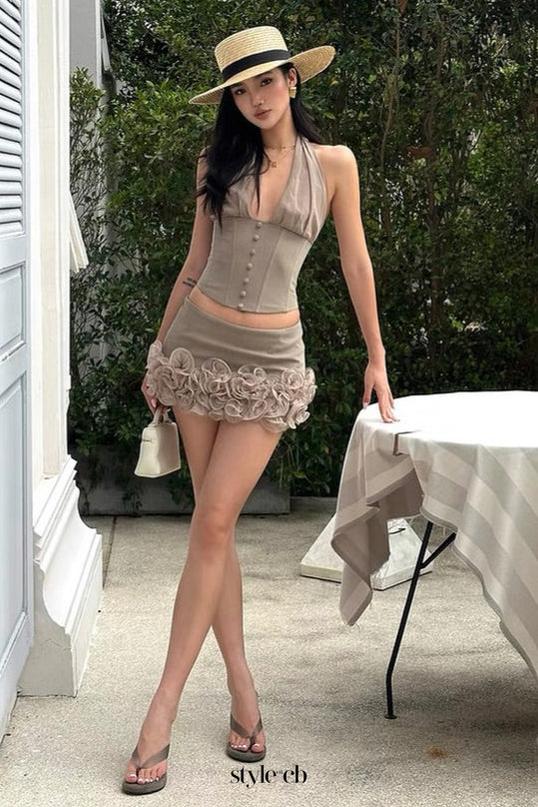 halter herringbone v-neck top in Khaki