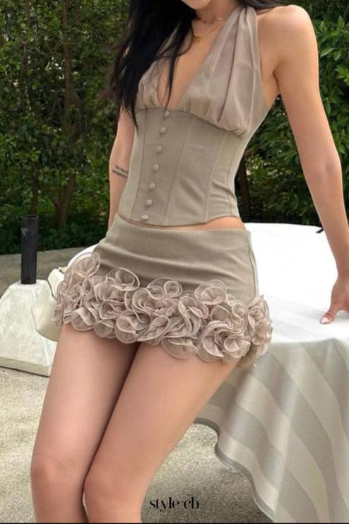 halter herringbone v-neck top in Khaki