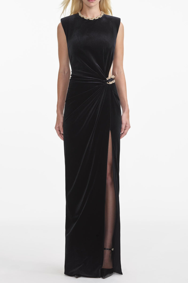 joa Black Velvet Embellished Maxi Dress