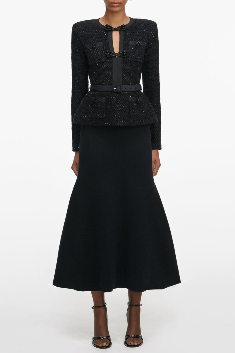 molly Black Sequin Knit Tailored Midi Dress