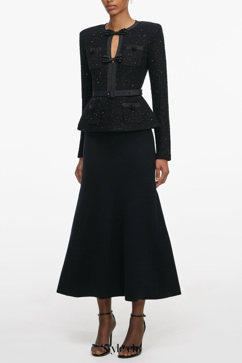 molly Black Sequin Knit Tailored Midi Dress