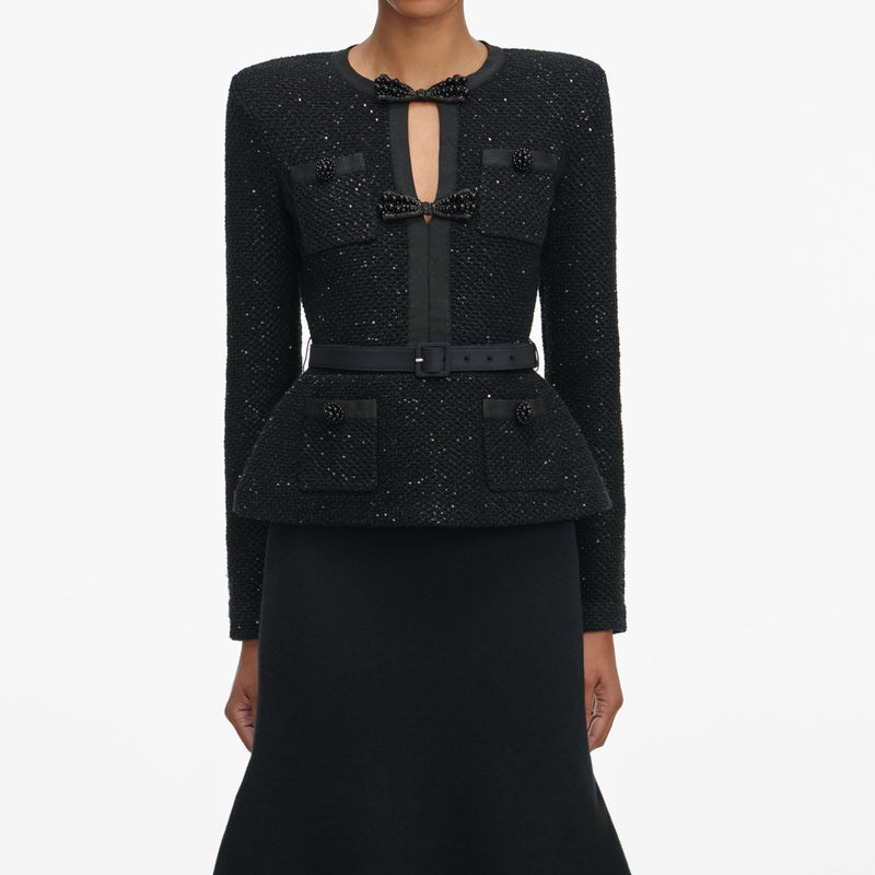 molly Black Sequin Knit Tailored Midi Dress