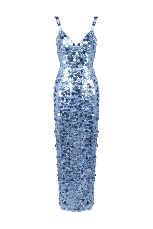 roberta Deep V-Neck Sequin Column Gown in blue