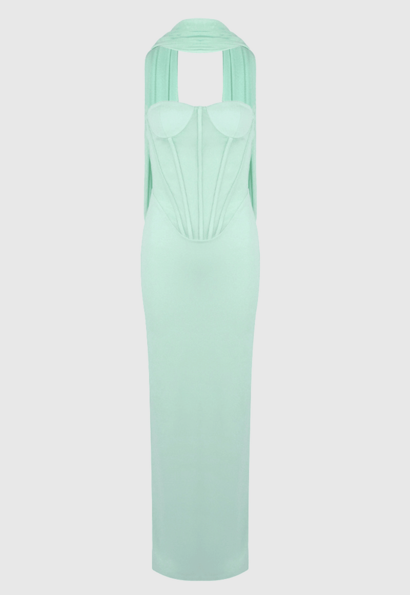 anna Strapless  Mesh Scarf Corset Maxi Dress in green