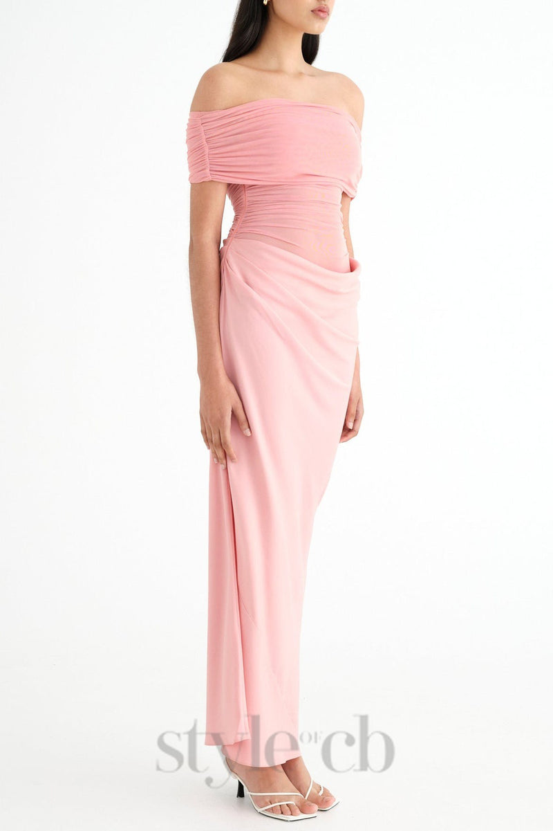 Reanko Off Shoulder Ruched Mesh Maxi Dress in Pink