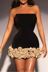 Strapless Gold 3D Floral Mini Bandage Dress