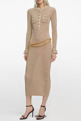 lauren Gold Lurex Ribbed Knit Midi Dress