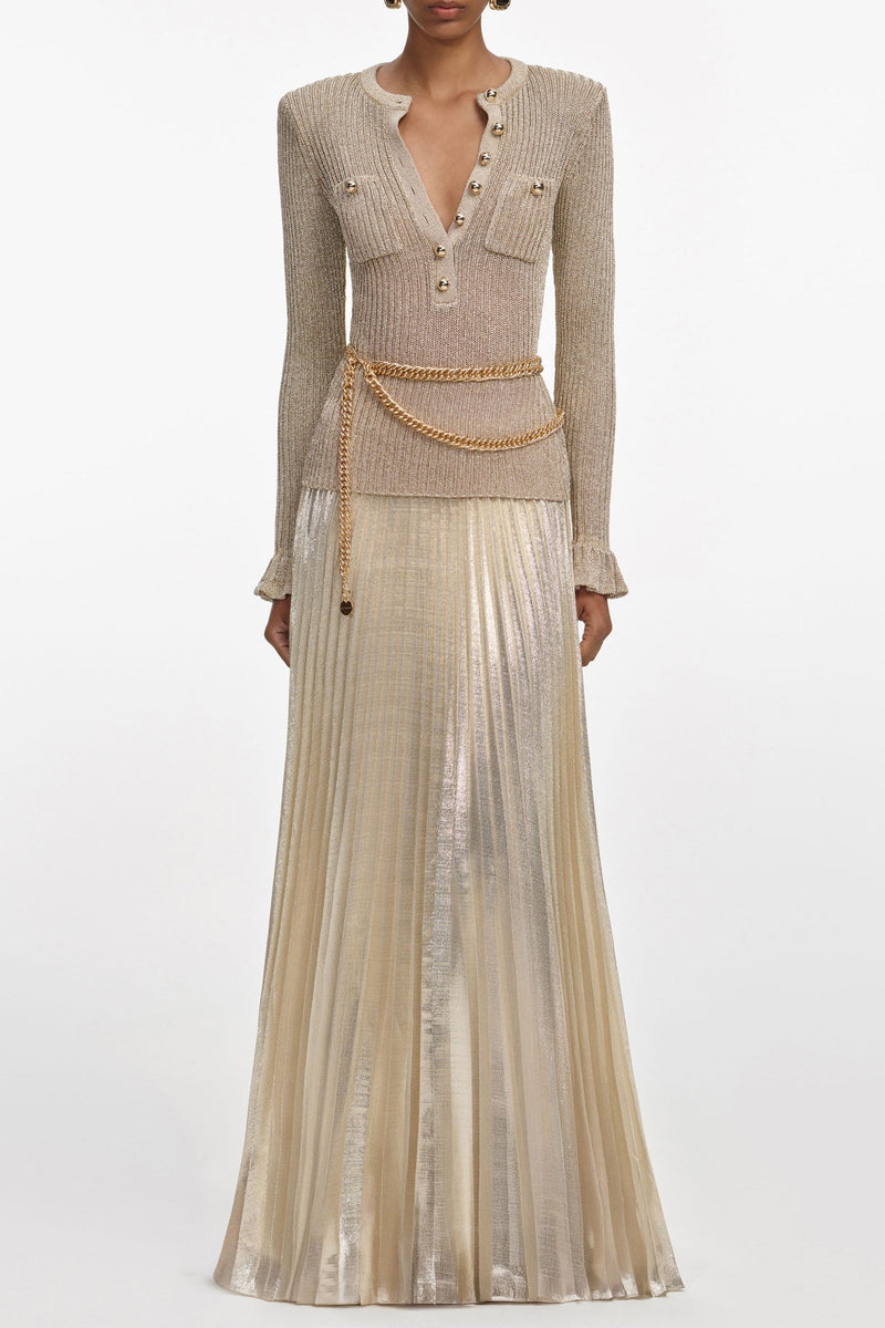ellen Gold Lurex Ribbed Knit Maxi Dress