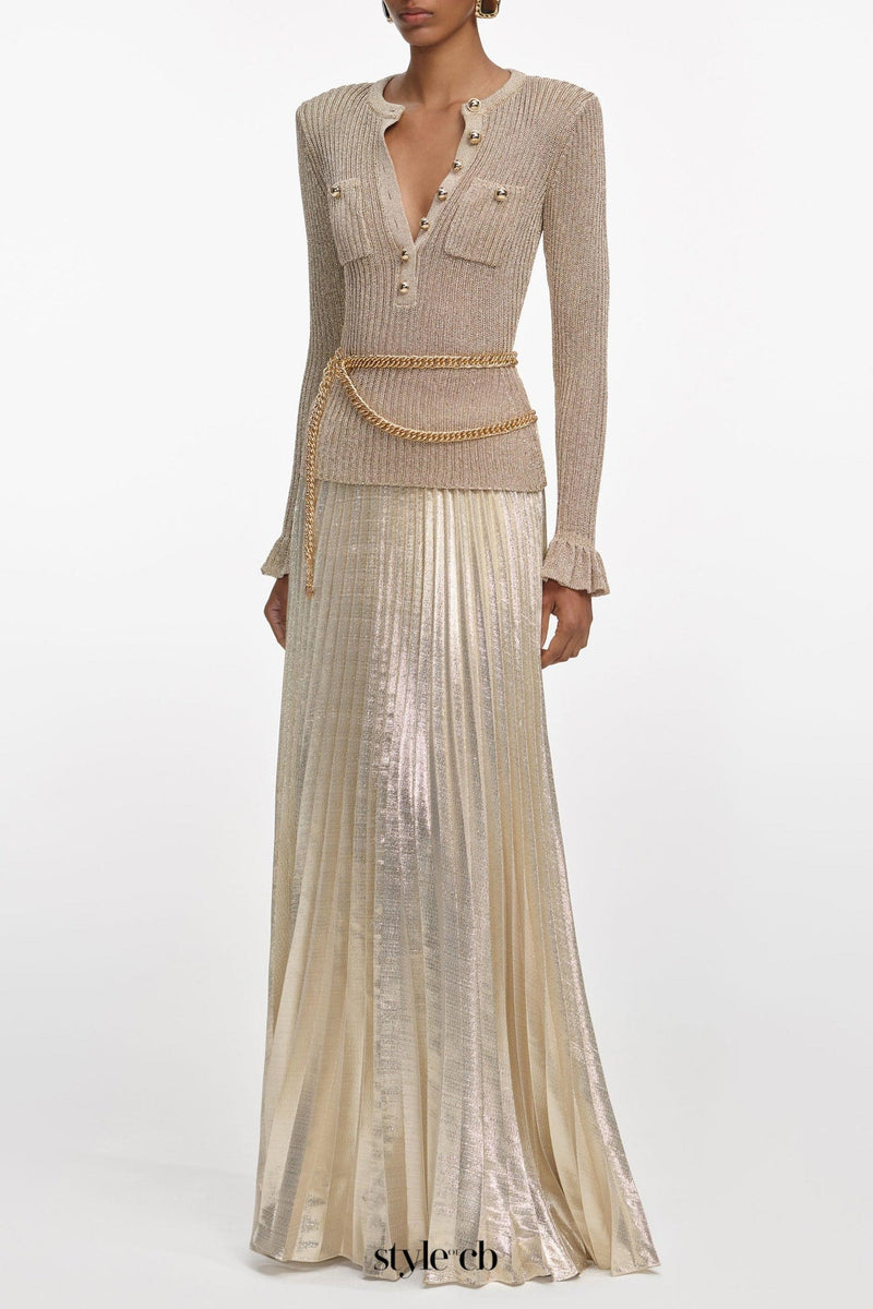 ellen Gold Lurex Ribbed Knit Maxi Dress