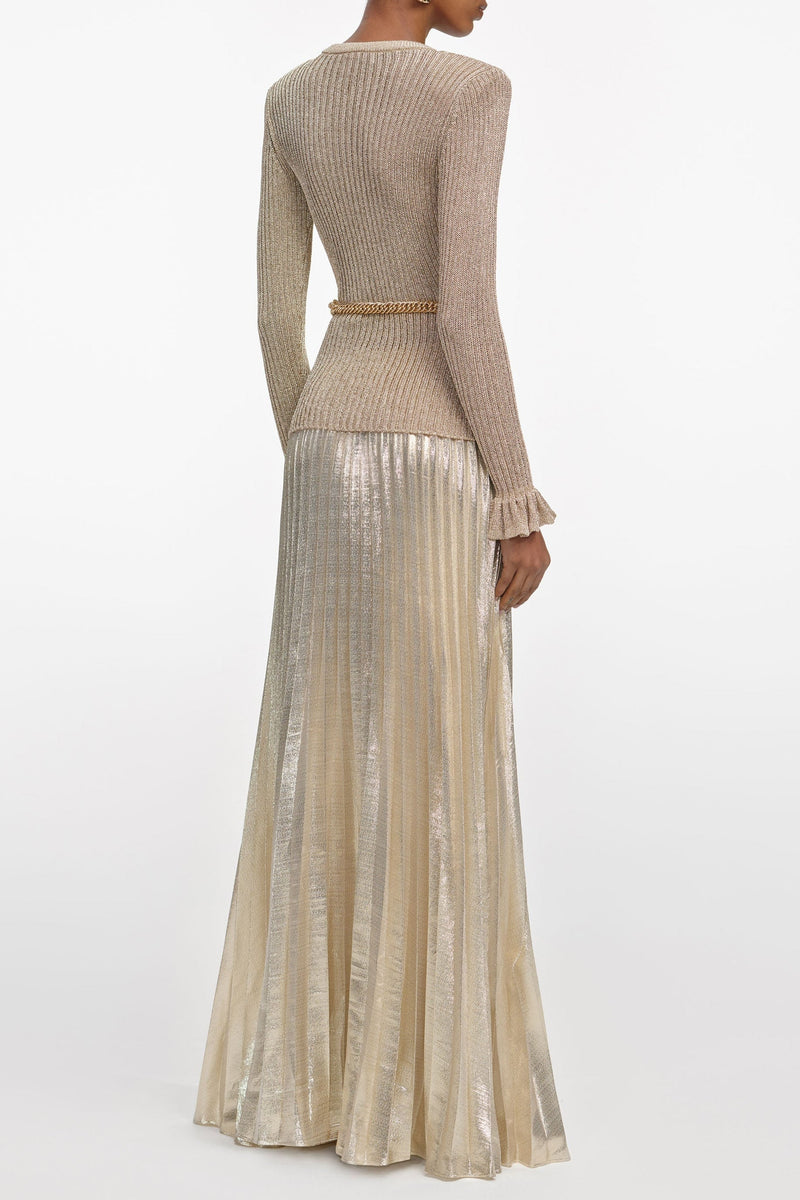 ellen Gold Lurex Ribbed Knit Maxi Dress