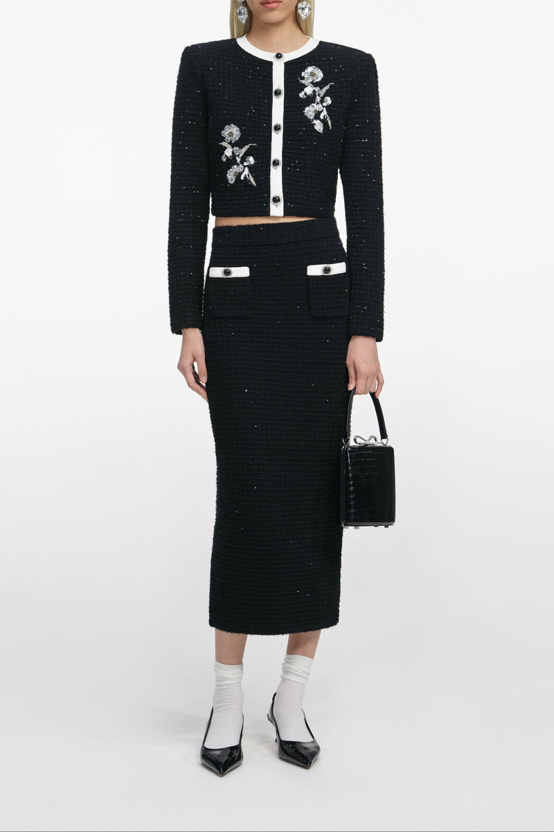 Black Textured Knit Midi Skirt