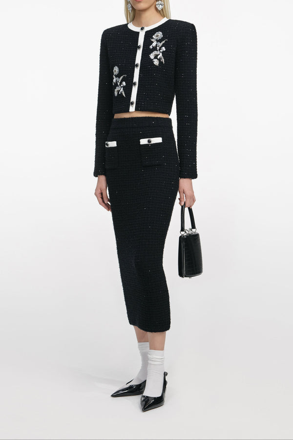 Black Textured Knit Midi Skirt